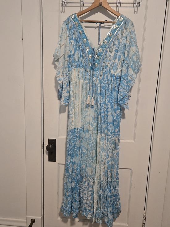 Me 2 Magic Dresses & Skirts - Light Blue Floral Boho Maxi Dress with Sequin Trim